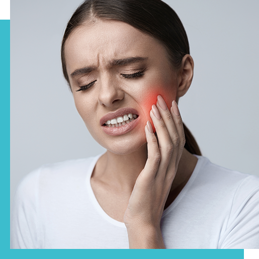 Side Image A woman holding her face in pain with an orange area around it.
